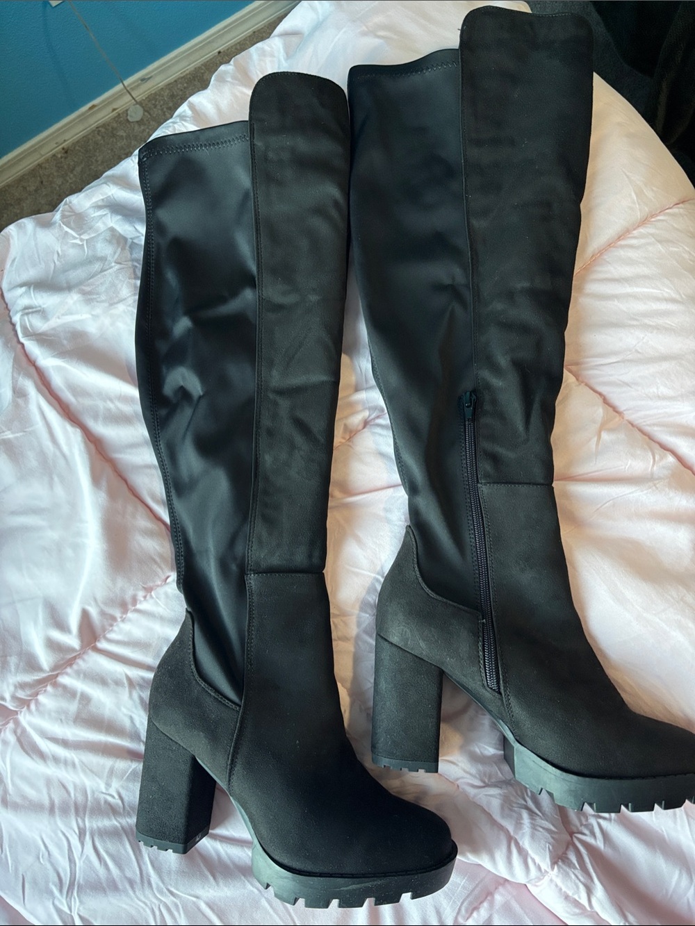 Wild Diva Black Over-the-Knee Chunky Block Heel Boots